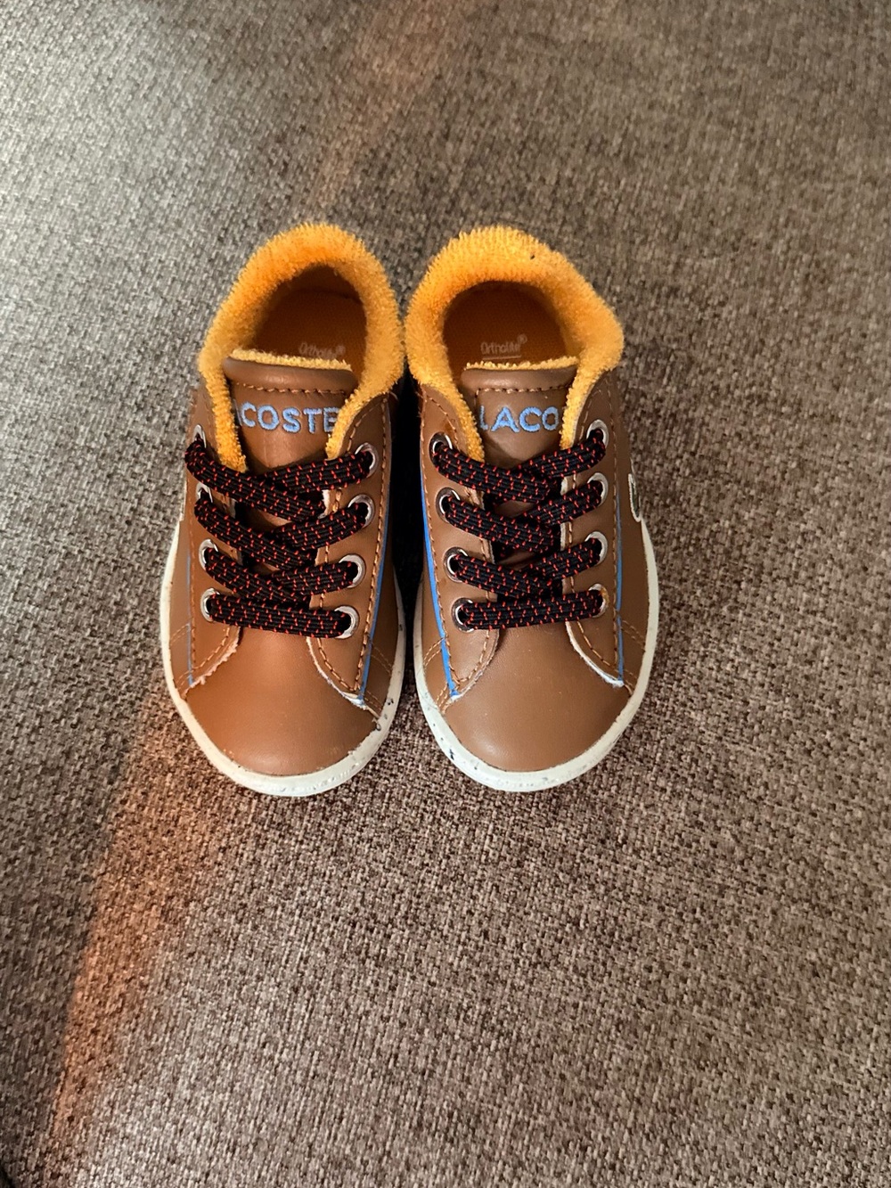 Lacoste Kids Tan Sneakers with Yellow Lining and Black-Red Laces